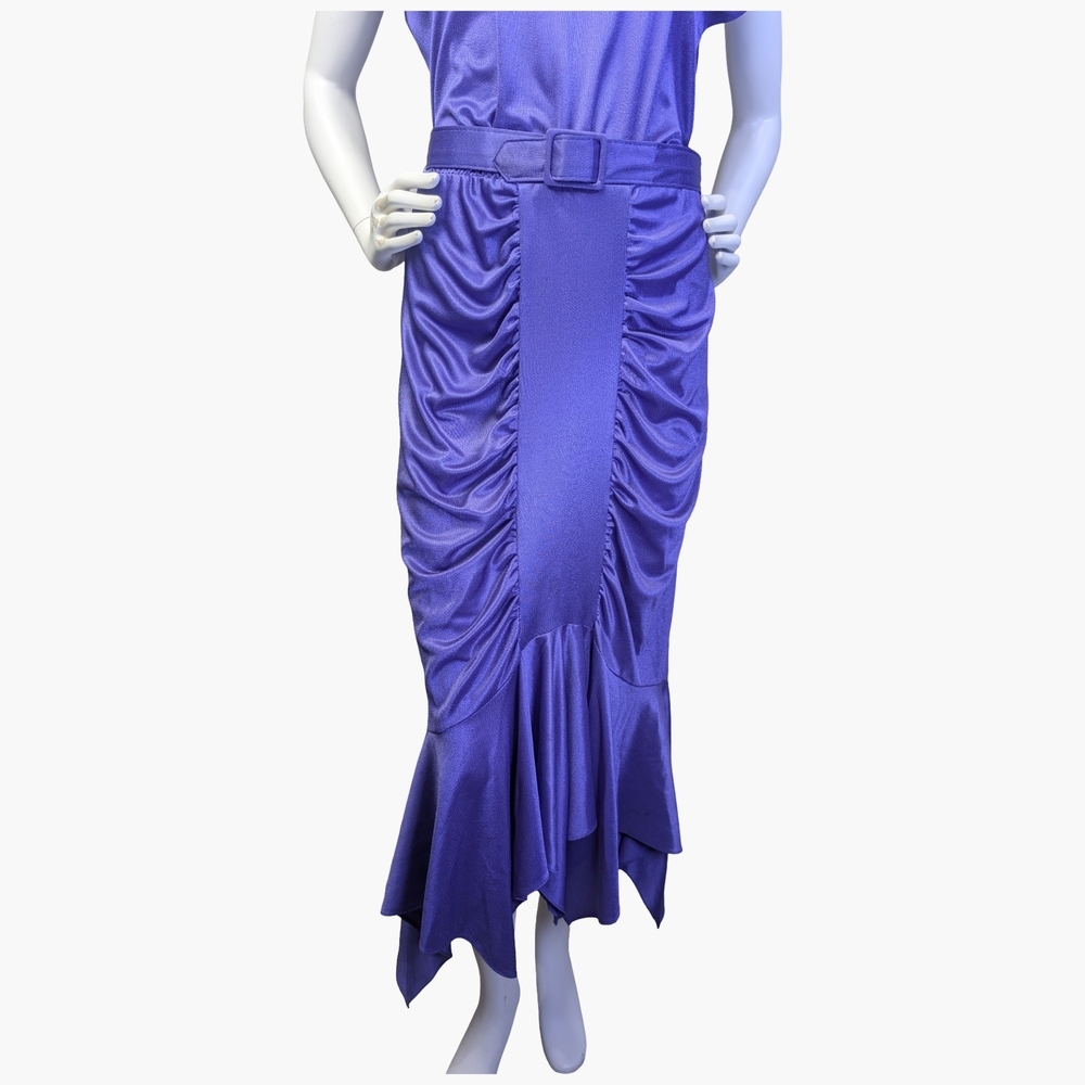 Vintage 1980s Purple Ruched Belted Midi Dress | Made in Canada | Size Medium - Picture 3 of 8